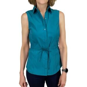 Athleta Levitate Poplin Tank Sz XS New $119 Green Blue Sleeveless Button Down